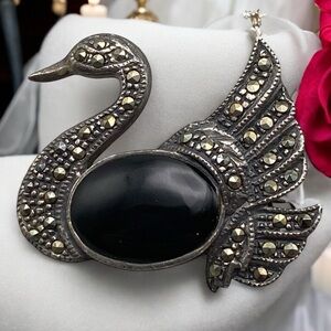 Vintage LS 925 Sterling Marcasite & Onyx Swan Brooch Pin